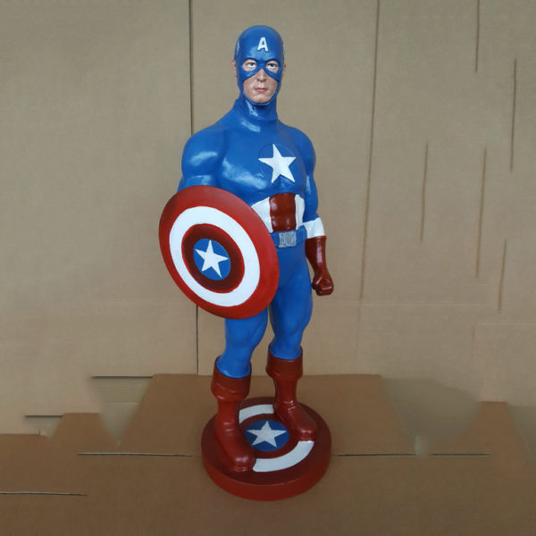 outdoors ; indoor ; Fiberglass statue ; decorate ; Large scale ; City decoration ; garden ; Park decoration ; Captain America ; Captain America sculpture ; Captain America statue ; Life Size ; cartoon ; Action hero life size Captain America sculpture