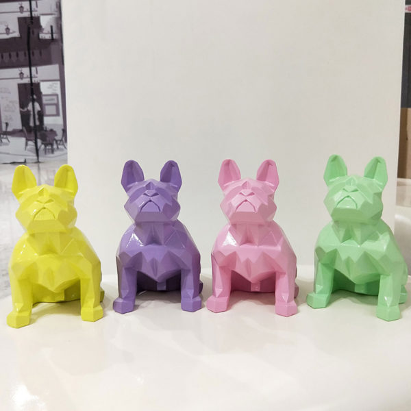 outdoors ; indoor ; Fiberglass statue ; decorate ; Large scale ; City decoration ; garden ; Park decoration ; Dog ; Dog sculpture ; Dog statue ; Life Size ; cartoon ; Colourful decorative resin bulldog ornaments Geometric dog decoration