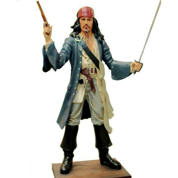 Jack Sparrow -1 outdoors ; indoor ; Fiberglass statue ; decorate ; Large scale ; City decoration ; garden ; Park decoration ; Jack Sparrow ; Jack Sparrow sculpture ; Jack Sparrow statue ; Life Size ; cartoon ; Life size movie figure pirate captain Jack sparrow statue