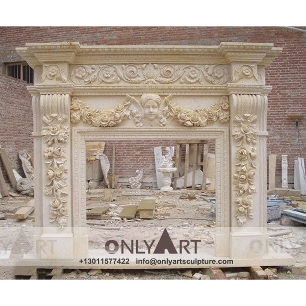 Fireplace-197 Marble fireplace ; Stone sculpture ; Fireplace sculpture ; Hotel adornment ; Stone fireplace ; off white ; Minimalist ; Marble freestanding indoor and outdoor fireplace