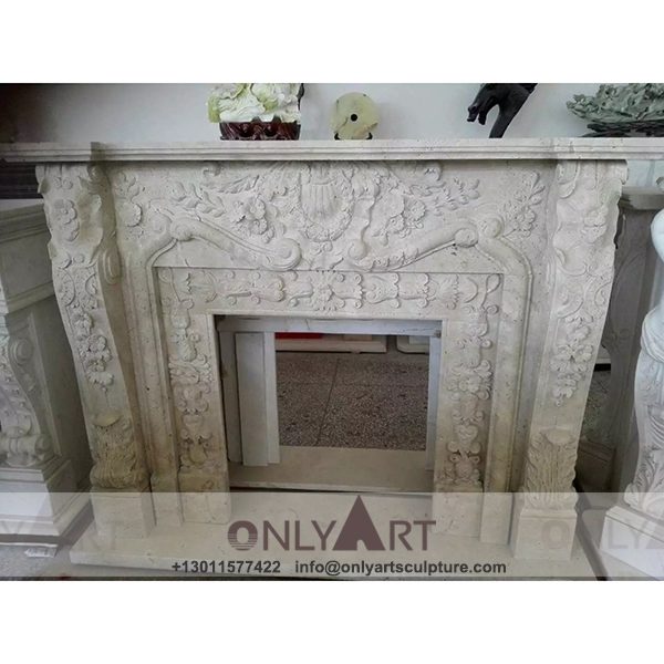 Marble fireplace ; Stone sculpture ; Fireplace sculpture ; Hotel adornment ; Stone fireplace ; off white ; Minimalist ; Natural Stone Indoor Royal Marble Fireplace