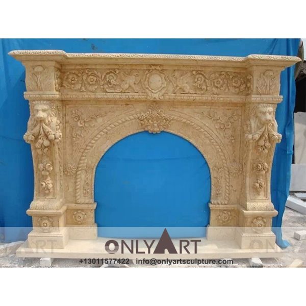 Marble fireplace ; Stone sculpture ; Fireplace sculpture ; Hotel adornment ; Stone fireplace ; off white ; Minimalist ; Calacatta white marble fireplace with statue carving
