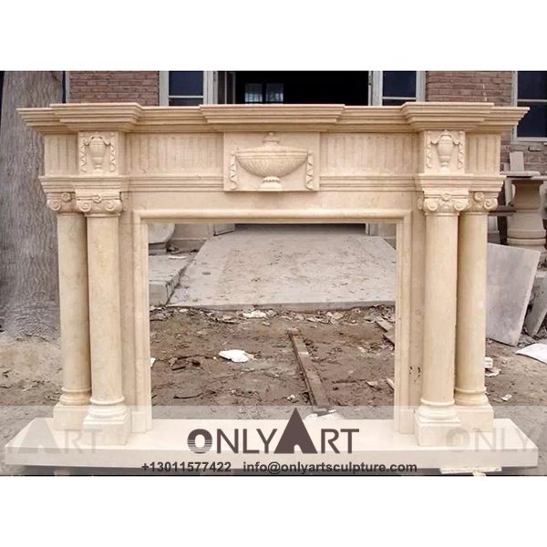 Marble fireplace ; Stone sculpture ; Fireplace sculpture ; Hotel adornment ; Stone fireplace ; off white ; Minimalist ; Calacatta yellow marble fireplace with statue carving