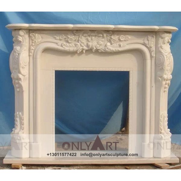 Marble fireplace ; Stone sculpture ; Fireplace sculpture ; Hotel adornment ; Stone fireplace ; off white ; Minimalist ; Calacatta white marble fireplace with statue carving