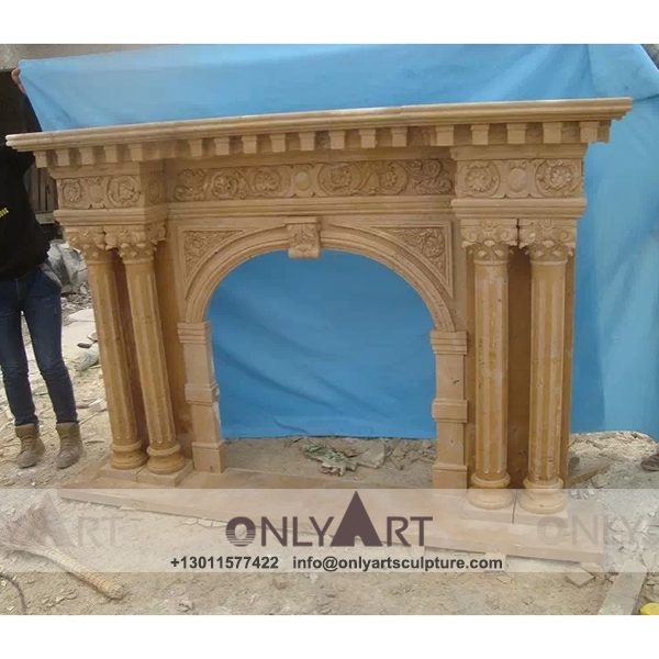 Marble fireplace ; Stone sculpture ; Fireplace sculpture ; Hotel adornment ; Stone fireplace ; off white ; Minimalist ; Calacatta yellow marble fireplace with statue carving